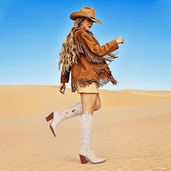 Celbreez Pink  Suede Knee High Western Fusion Boots Women Embroidered Rhinestone - Picture 4 of 6